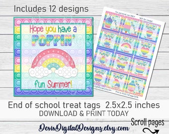 Könnte beinhalten: Zwölf druckbare Leckerli-Etiketten mit einem Regenbogen-Pop-it-Design und dem Text "Hope you have a poppin' fun summer!" Die Etiketten sind 2,5 Zoll mal 2,5 Zoll groß.