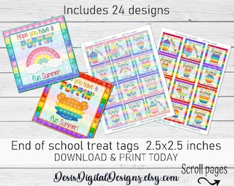 Könnte beinhalten: Druckbare Geschenkanhänger zum Schuljahresende mit einem Regenbogen-Pop-it-Design mit dem Text "Hope you have a poppin' fun summer!" und einem Krabben-Pop-it-Design mit dem Text "Hope you have a poppin' fun summer!" Die Anhänger sind 6,35 cm x 6,35 cm groß und werden in einem Set mit 24 Stück geliefert.