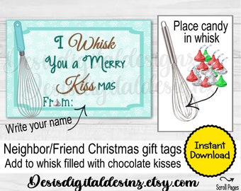 Neighbor Christmas Gift Christmas Friend gift Whisk you a Merry Kissmas gift tags neighbor gift tag Printable Christmas Party Favors