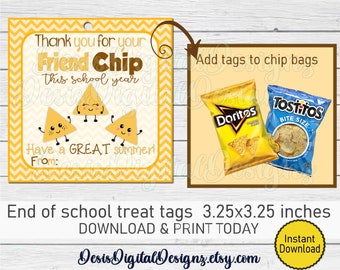 Friend Chip Bag Tags Thank You Tags School handout Last Day of School Favor Tags End of school year Teacher Gift Tag Printable snack tags