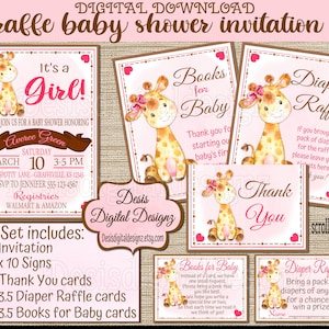 Giraffe Baby Shower Invitation Girl Set Baby Giraffe girl Baby Shower Invite Girl Pink Giraffe Baby shower Theme Baby Shower Giraffe bundle