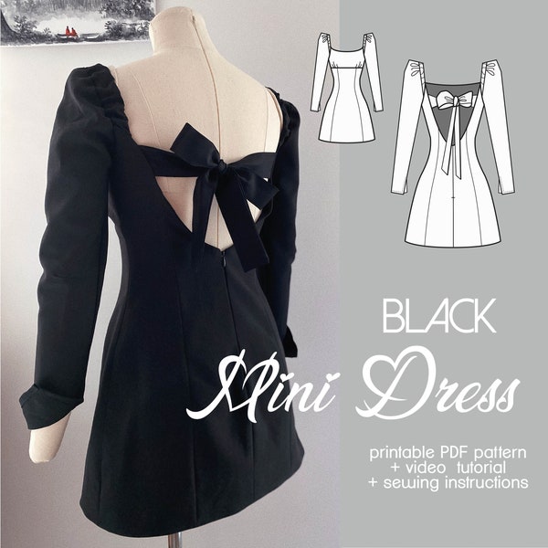 PATTERN Black Mini Dress | Little Dress | casual party holiday | Open Back Dress | Pdf digital sewing pattern | Size xxs/xs/s/m/l/xl/xxl