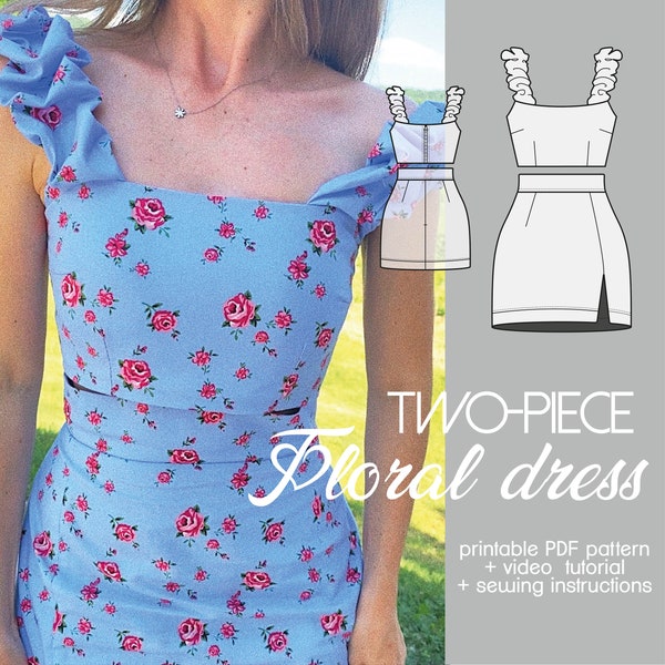 PATTERN Dress | Two piece Dress | Crop Top and Skirt | Flower Dress Set | Summer dress Pdf digital sewing pattern | Size xxs/xs/s/m/l/xl/xxl