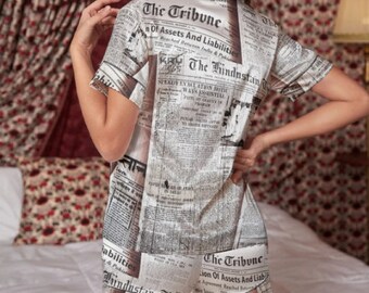Newspaper Print  Silk Pajama Set With Short Sleeve