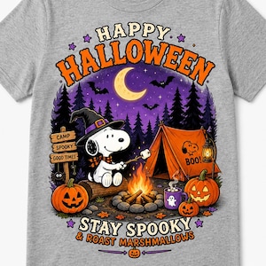 Snoopy acampando en Halloween PNG, diseño de fogata espeluznante, fantasma de calabaza (descarga digital)