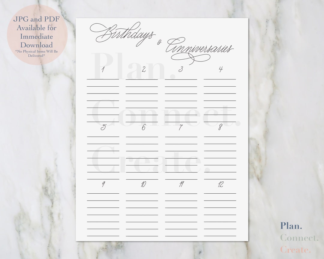Birthdays and Anniversaries on One Page PDF and JPG 8.5x11~delicate ...