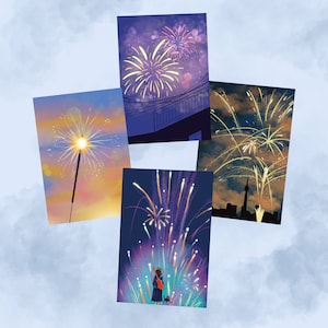 Impresión de arte de año nuevo / Postales de ilustración / Mini decoración de pared / Impresiones 4 x 6 / Regalos para ella / Fuegos artificiales / Celebración