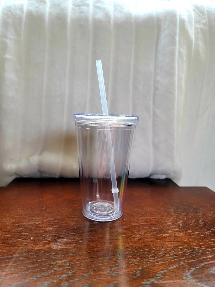 16OZ/473ml Double Wall Clear Plastic Tumbler with Straw & Lid (Light Blue)