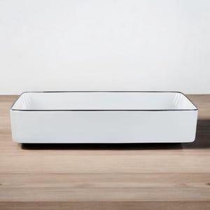 White farmhouse style sink with black edge | vintage basin | countertop rectangular sink |