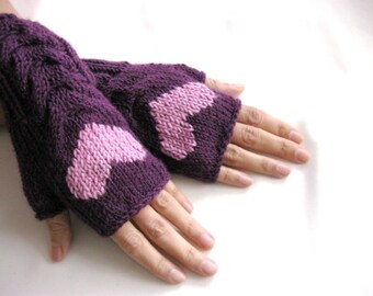 Purple Knit Fingerless Gloves with a Pink Heart