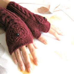 Burgundy Fingerless Handmade Wool Gloves with a Crocheted Heart