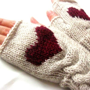 Fingerless Wool Gloves with a heart, Mittens, Arm Warmers, Hand Knitted, Valentines Day, Light Beige Gloves with a Burgundy Heart