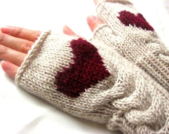 Fingerless Wool Gloves with a heart, Mittens, Arm Warmers, Hand Knitted, Valentines Day, Light Beige Gloves with a Burgundy Heart