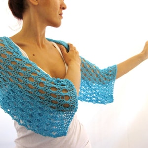 Turquoise Handknit Summer Loose Cotton Lace Shrug