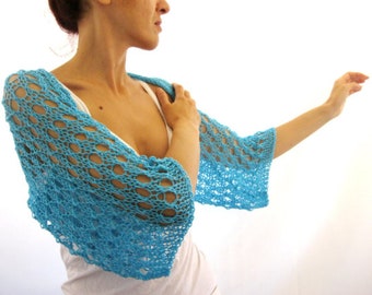 Turquoise Handknit Summer Loose Cotton Lace Shrug