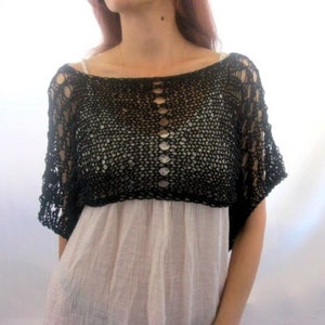 Cotton Summer Cropped Sweater Shrug in black color, hand knitted, ecofriendly