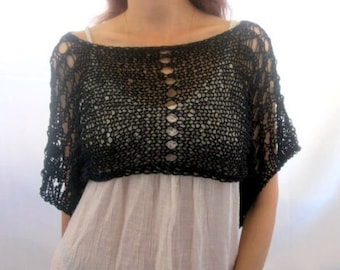 Cotton Summer Cropped Sweater Shrug in black color, hand knitted, ecofriendly