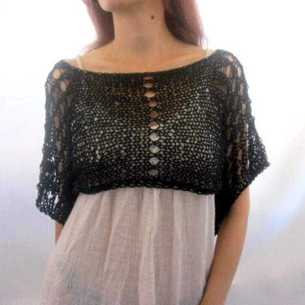 Cotton Summer Cropped Sweater Shrug in black color, hand knitted, ecofriendly