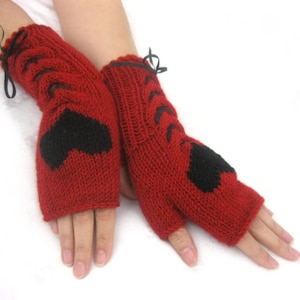 Red Fingerless Handknit Wool Gloves with a Black Heart and a Black Satin Ribbon
