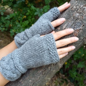 Gray Soft Winter Wool Fingerless Hand Knit Gloves Arm Warmers