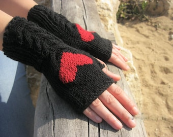 Black Fingerless Handknit Gloves with a Red Heart