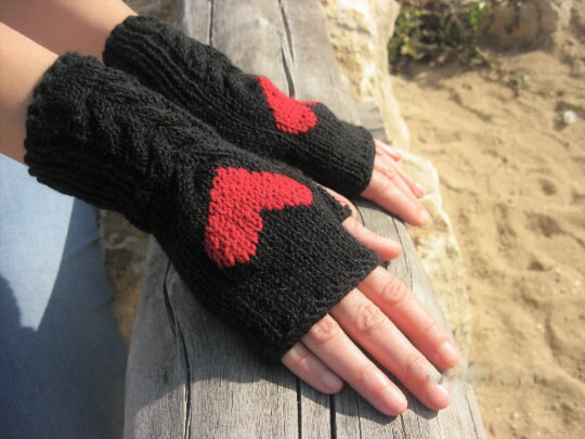 Black Fingerless Handknit Gloves with a Red Heart