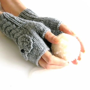 Gray Fingerless Handmade Wool Gloves with a Crocheted Heart