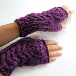 Purple Fingerless Handmade Wool Gloves with a Heart