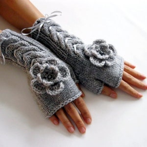 Gray Fingerless Handmade Wool Winter Gloves with a Crocheted Flower