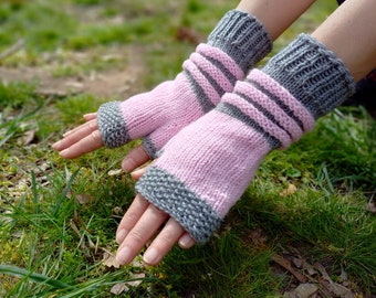 Gray Pink Fingerless Handknit Woman Gloves