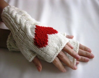 White Fingerless Handknit Wool Gloves with a Red Heart