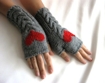 Gray Fingerless Gloves with a Red Heart for Woman