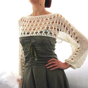 Cotton Summer Cropped Sweater Shrug in Ivory Color, Hand Knitted, Eco ...