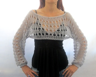 Gray Crop Summer Cotton Lace Women Sweater