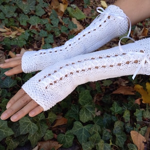 Guantes largos sin dedos de algodón blanco, mitones de mujer tejidos a mano, calentadores de brazos largos sin dedos guantes blancos de boda