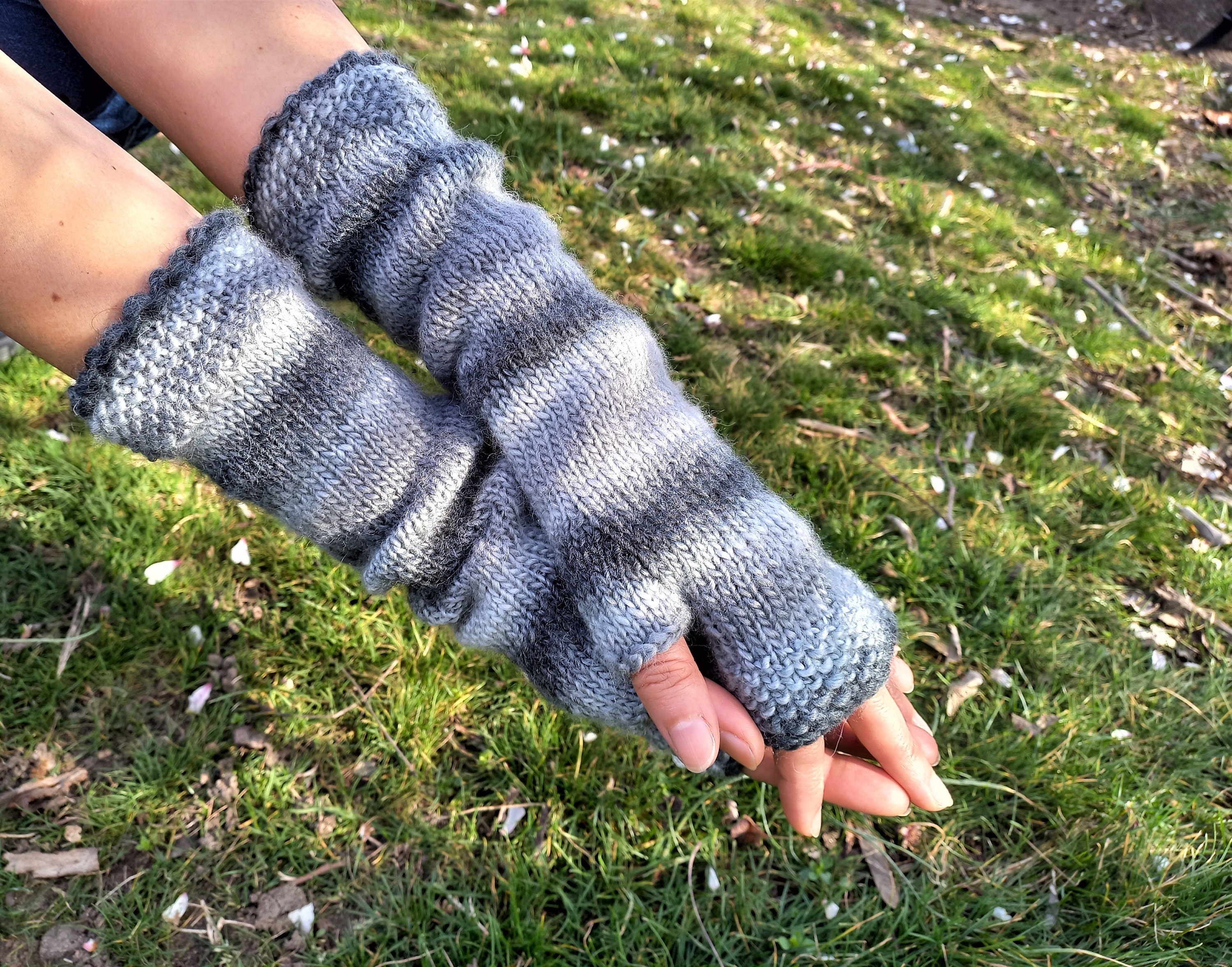 Long Fingerless Women Gloves  Wool - Acrylic Mittens Gray Ombre Arm Warmers  Hand Knitted  Gift for her