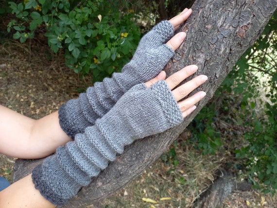 Long Gray Ombre Wool Fingerless Gloves Christmas Gift