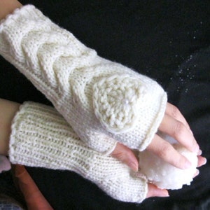 White Fingerless Handmade Wool Gloves with a Crocheted Heart