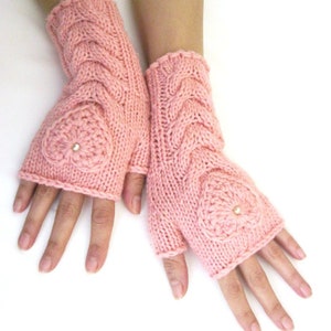 Pink Fingerless Soft Wool Fall Winter Hand Knit Gloves Arm Warmers with a Crochet Heart