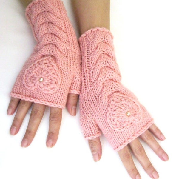 Rosa Fingerlose weiche Wolle Herbst Winter Handgestrickte Handschuhe Armstulpen mit einem Häkelherz