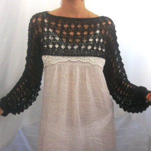 Cotton Summer Cropped Sweater Shrug in black color, hand knitted, eco friendly, Loose knit cropped sweater