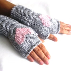 Gray Fingerless Wool Gloves with a pink heart, Mittens, Arm Warmers , Hand Knitted, Eco Friendly, Valentines Day