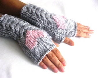 Gray Fingerless Wool Gloves with a pink heart, Mittens, Arm Warmers , Hand Knitted, Eco Friendly, Valentines Day