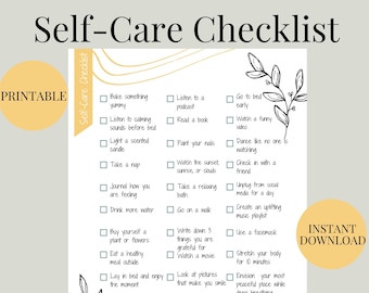 May include: Printable self-care checklist with a black and white floral design. The checklist includes items such as bake something yummy, listen to a podcast, go to bed early, watch a funny video, paint your nails, take a nap, journal how you are feeling, drink more water, buy yourself a plant or flowers, eat a healthy meal outside, lay in bed and enjoy the moment, and more. The text at the bottom of the checklist reads: "Give yourself the same care and attention that you give to others and watch yourself bloom."
