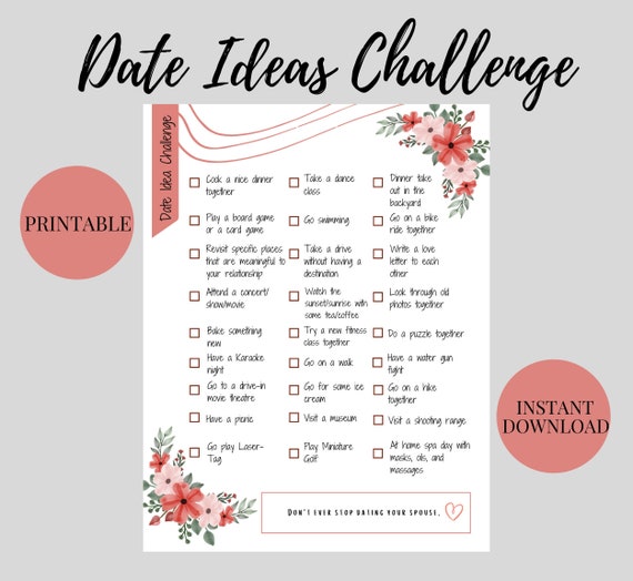 Date Night Idea Challenge, Printable Checklist, Couples Dating Ideas,  Relationships, Date Night Ideas 