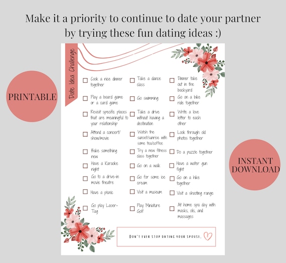 Date Night Idea Challenge, Printable Checklist, Couples Dating Ideas,  Relationships, Date Night Ideas 