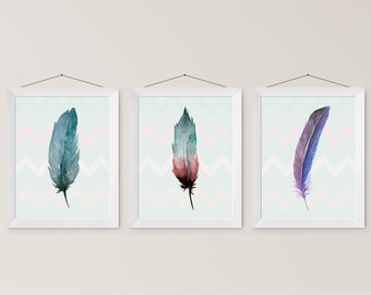 Set of 3 Prints | Watercolor Feathers Zig Zag Background | Instant Prints| Digital Download | Nature Wall Art | Farmhouse Decor |