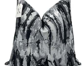 Black and Silver Abstract Pillow Cover | Metallic Overlay, 24x24