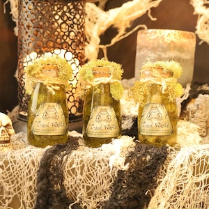 May include: Three small glass bottles with cork tops filled with a green liquid and moss. Each bottle has a label that reads "Toad Venom" with a cartoon frog illustration.