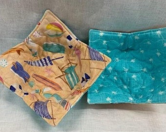 AT THE BEACH bowl holder, Quilted Microwave Bowl Cozy, Microwave Bowl Cozy, Yellow, Blue, Light Tan, Aqua, Orange Bowl Holder,